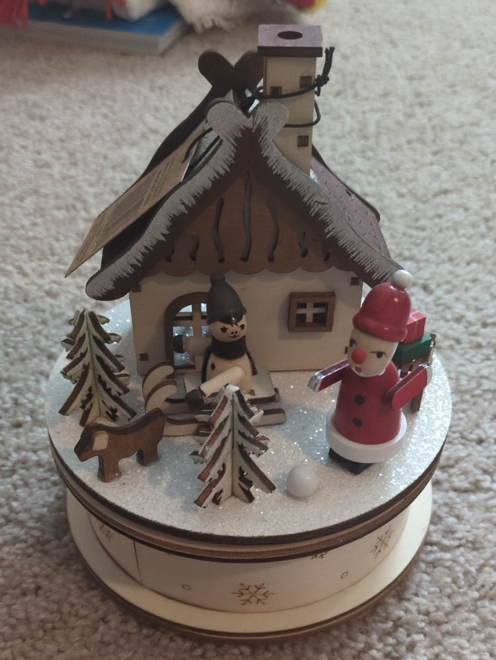 Creative Co-Op Wooden Holiday Music Box with Red Santa and White Snow